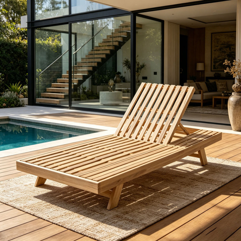 Foldable Acacia Wood Lounge Chaise With Adjustable Backrest, Black-Uncushioned