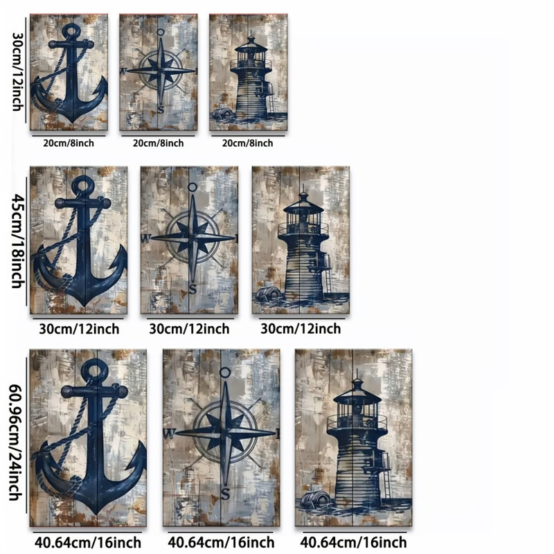 «Rustic Nautical Anchor», reproduction sur toile 3 pièces - Coastal Living Space, 36 * 24 pouces 3 pièces