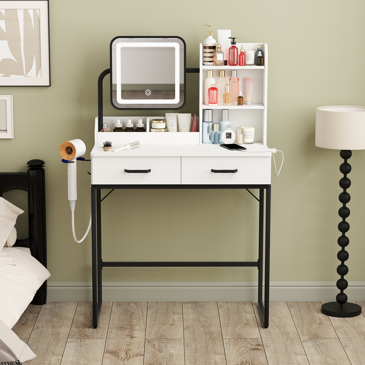 Modern Small Makeup Vanity with Touch Screen Mirror, Built-in Outlets & USB Charging and Adjustable Lighting