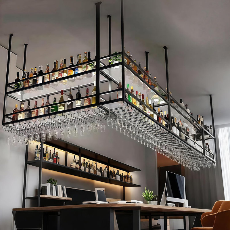 59IN Ceiling Wine Glass Rack With Light, Acrylic Hanging Wine Rack With Glass Holder And Transparent Shelves, Wine Bottle Holder Goblet Stemware Racks Modern Home Bar Coffee Decor Rack (150CM)