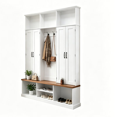 60" Farmhouse Hall Tree With Storage Bench, 3-section Entryway Organizer With Cabinets, Hooks & Shoe Cubbies, White & Walnut Mudroom Locker System With Coat Rack