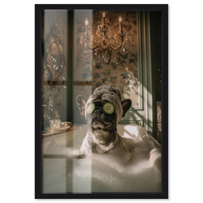 Little Frenchie Spa Day Shadowbox Print Fun Bathroom Art by Art Remedy, Black Frame, 10 x 15