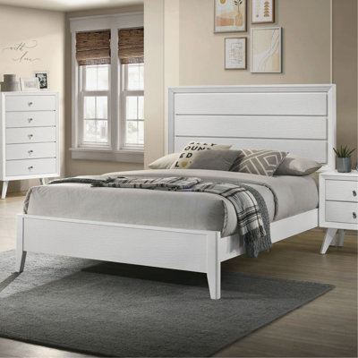 White Bed Panel Headboard Wave Texture Bedroom Furniture Wooden 1Pc Bedframe