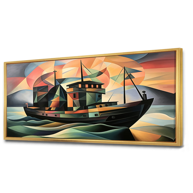 «Cubist», bateau de bord de mer, art mural, Cadre flottant doré, H 28 po x l 60 po x P 1,5 po