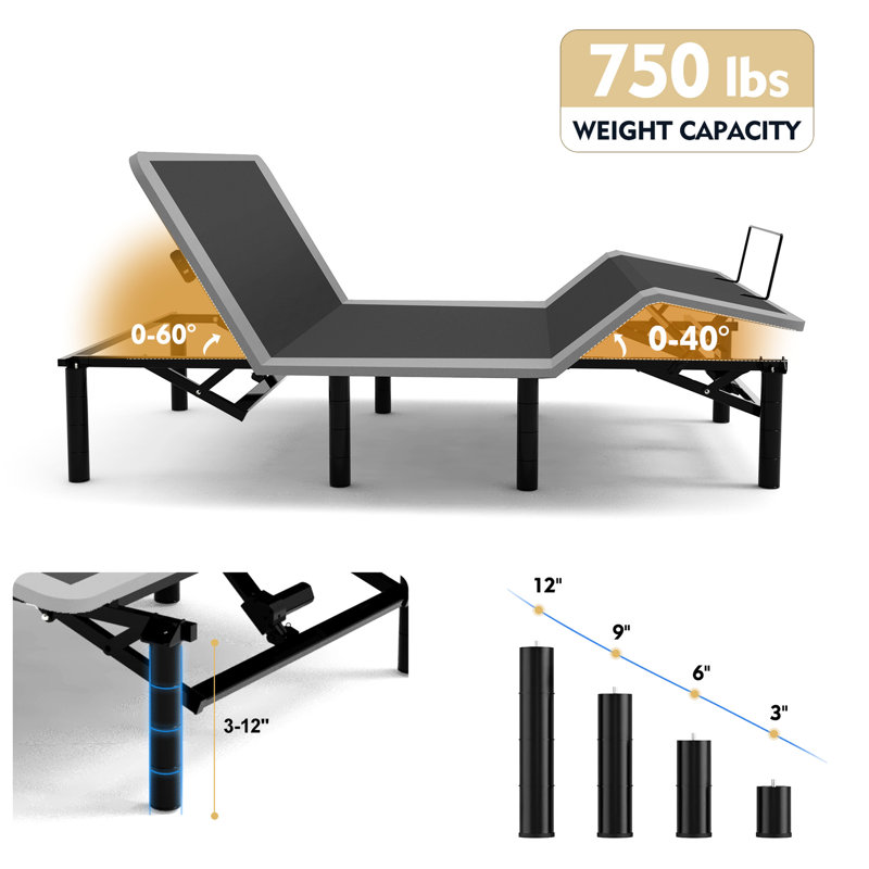 Adjustable Electric Bed Frame In Queen Size, Five Massage Modes To Target Specific Areas, Independent Head & Foot Massage, Under Night , Type-A And Type-C Charging, 4 Legs Size With Incline Features,