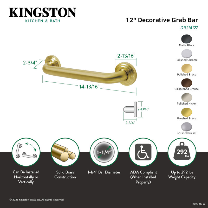 Kingston Brass Milano 1-1/4 Inch O.D Grab Bar, 12" W, Satin Brass