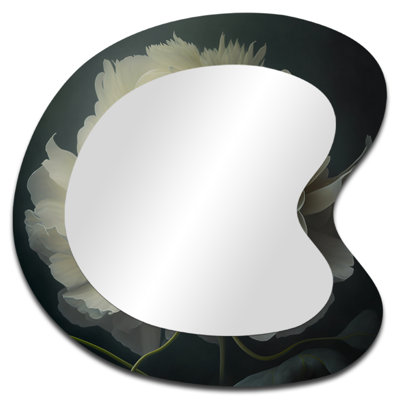 Fadak blanc pivoine fleurie sur noir I - miroir mural de forme irrégulière pivoine, miroir décoratif asymétrique blanc, impression sur métal