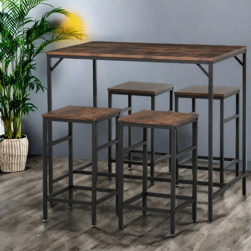 Ensembles de table de salle à manger 5 pièces peu encombrants avec finition robuste en acier et brun rustique pour les cuisines modernes