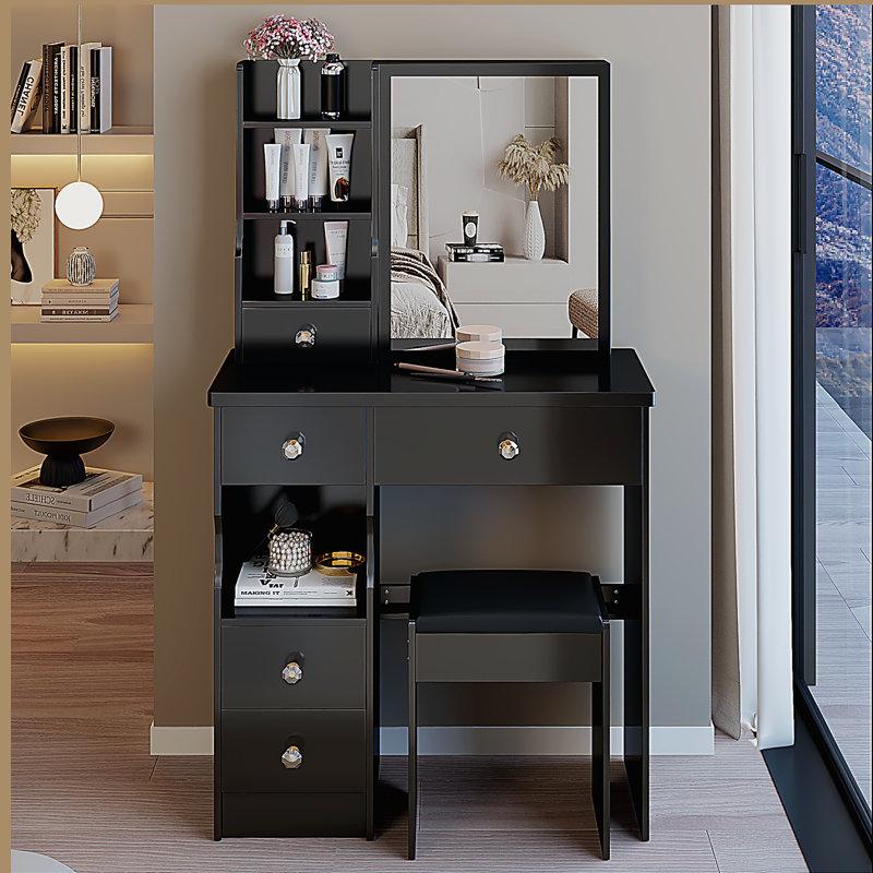 29.2" Small Size Left Drawer Desktop Vanity Table + Cushioned Stool, Extra Large Right sliding mirror, Multi Layer High Capacity Storage, Practical Fashionable Dresser, Suitable For Small Space