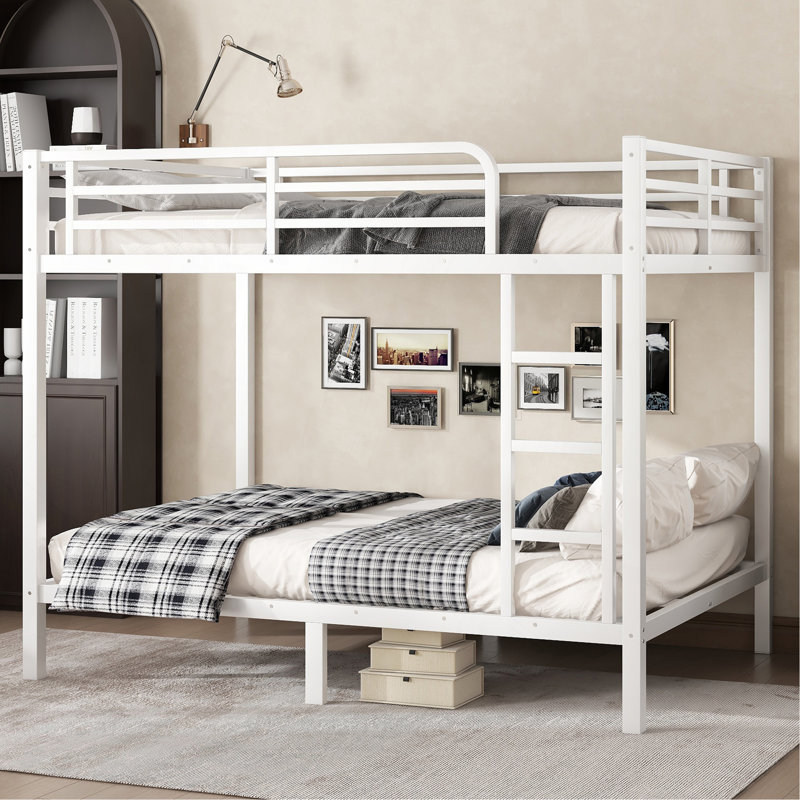 Lit superposé en métal pour les adolescents et les adultes, peu encombrant / sans bruit de sommier,, Lit double, Blanc cassé