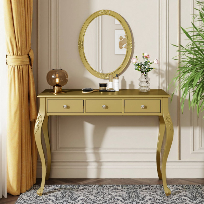 Yusuf Makeup Vanity with Carved Oval Mirror & Jewelry Storage, Gold