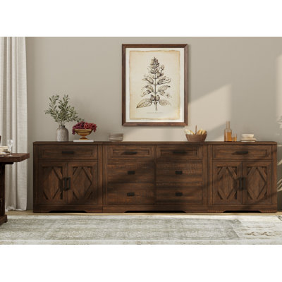 Grande armoire d'appoint de style campagne moderne l 110,2 po Glenford avec portes de grange et tiroirs, écorce d'arbre résistante aux égratignures 