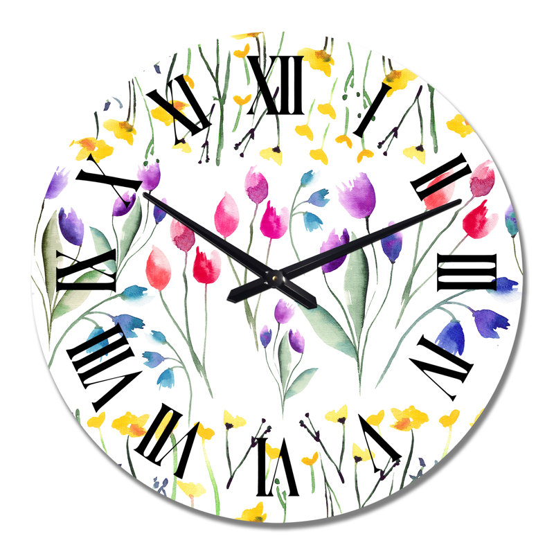 Horloge murale à motif fleurs jaunes et tulipes rouges et violettes, Grand