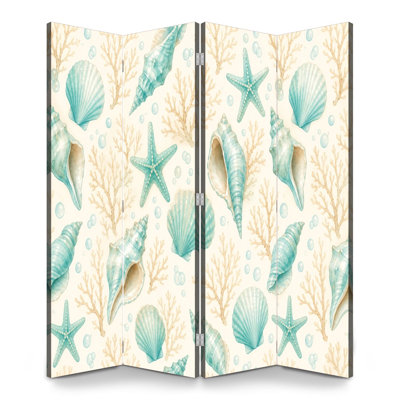 4 panneaux de paravents pliables cloison royale étoile de mer corail bulles beige toile séparateur de pièce cloison de protection autoportante cloison d'intimité pour salle de bain