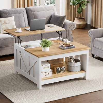 Lift Top Coffee Table, 31.5" Farmhouse Coffee Tables With Storage, Small Square Cocktail Tables, Wood Central Table For Living Room, Meeting Room