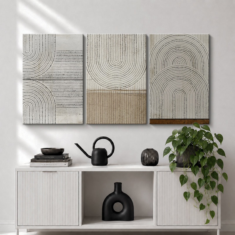 «Mid Century Modern Boho», motif géométrique de lignes géométriques abstraites, images neutres douillettes abstraites, ensemble de 3 impressions encadrées, impression numérique sur toile, impression numérique sur toile