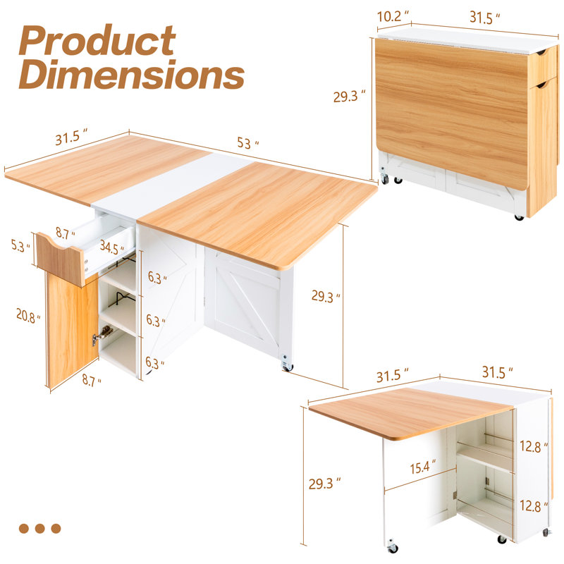 Folding Dining Table with Larger Tabletop（53'' × 31.5''), Drop Leaf Design, 6 Wheels and 2-Layer Storage Shelves, Space Saving Multi-Functional Kitchen and Dining Table, White