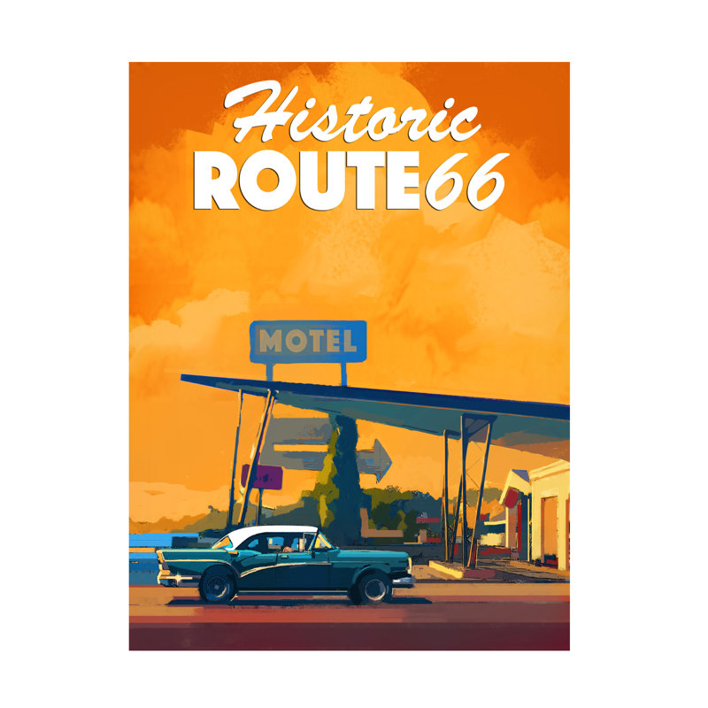 Art mural sur toile tendue - David Owens Illustration «Route 66», art mural pour salon, chambre à coucher ou bureau - 24 x 32