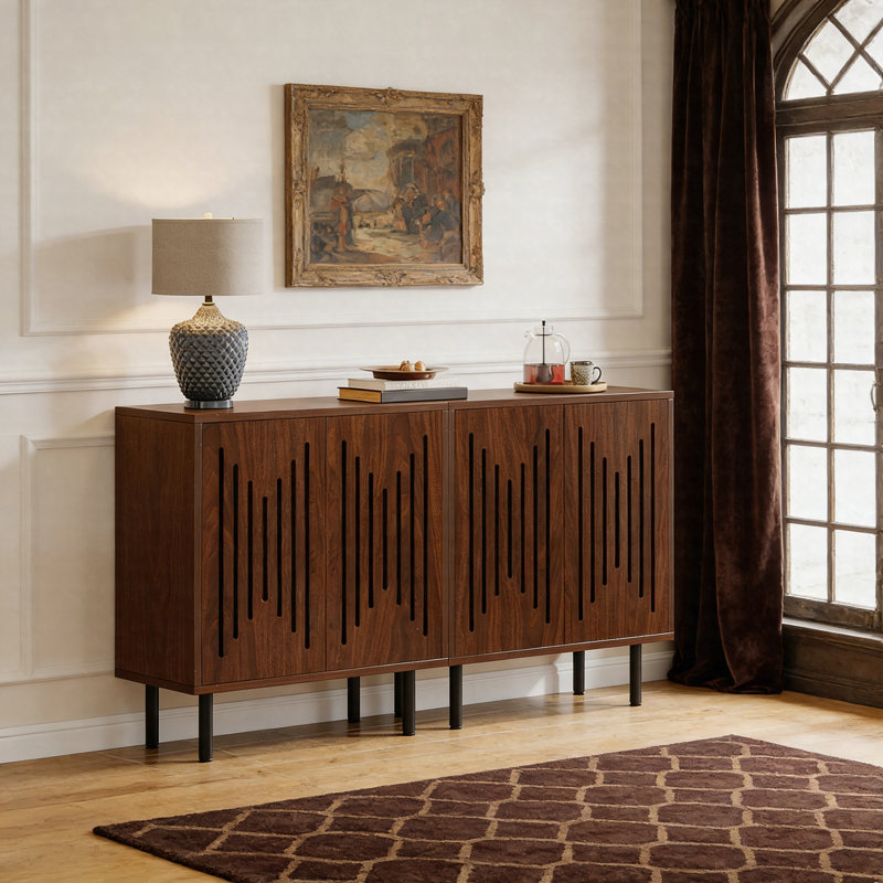Sideboard Buffet Cabinet Set Of 2, Storage Cabinet With Adjustable Shelves & Doors, Walnut