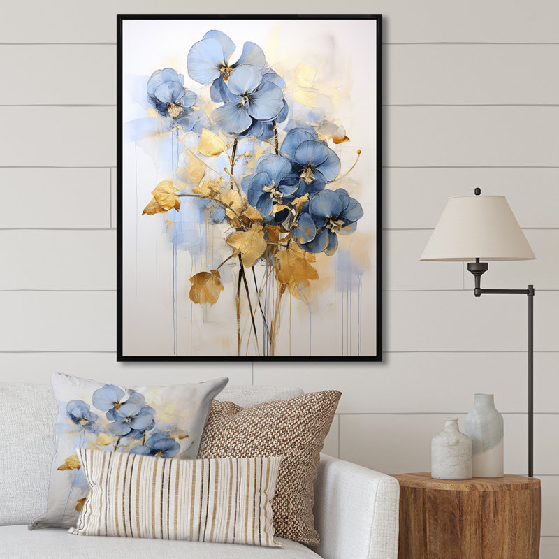 " Blue And Gold Minimalism Violets I ", Black Floater Framed, 20" H x 12" W