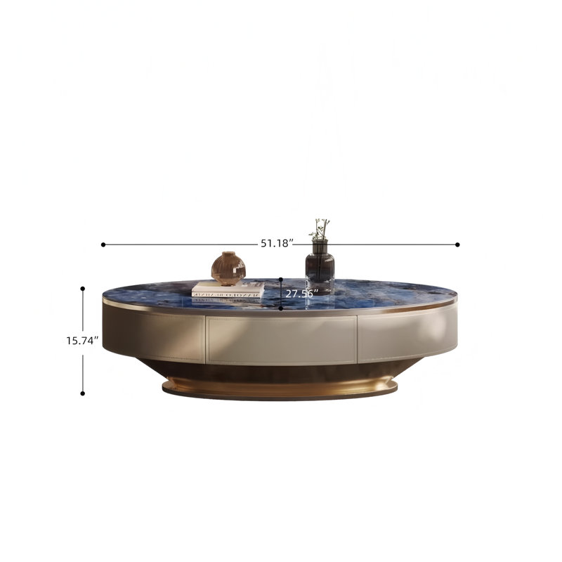 Modern Oval Coffee Table with Sapphire Top and Leather Veneer drawer, Base