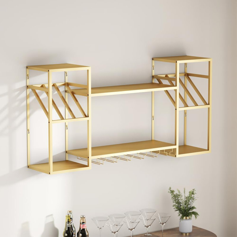 Étagère à vin flottante en métal à 2 niveaux, support à vin mural avec rangement pour porte-verres, support de rangement pour présentoir à vin pour la cuisine, salle à manger (or)