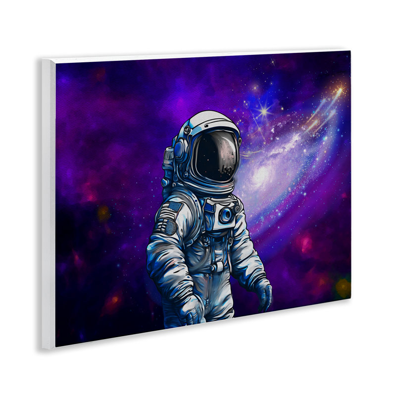 Astronaute avec plaque galaxie tourbillonnante, design par Jesse Keith