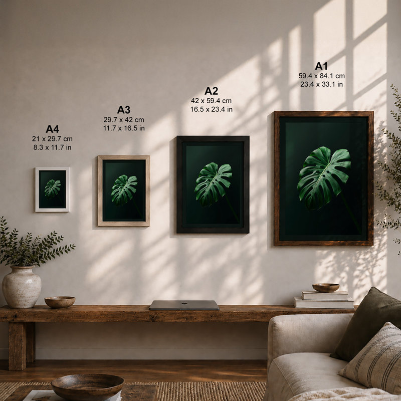 Single Monstera Leaf Botanical - Framed Print, A4 - 29.7 x 21.0 cm, Black