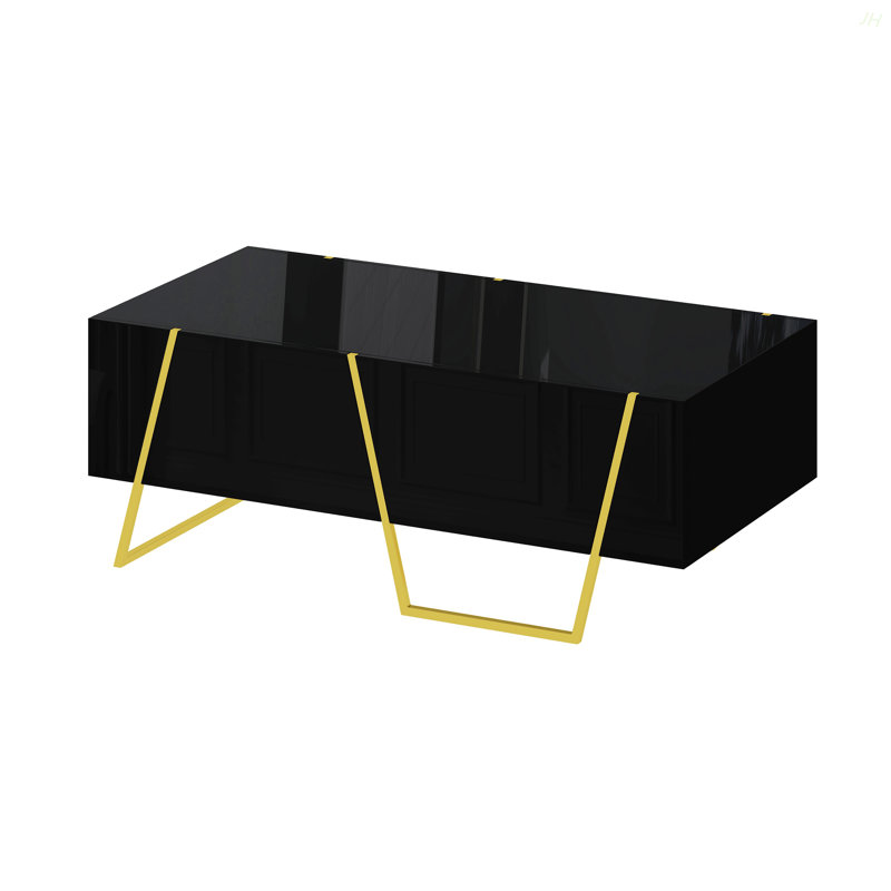 Table basse moderne et ultrabrillante rectangulaire pour le salon avec rangement et base dorée, 4 tiroirs, noir, 47,2 po