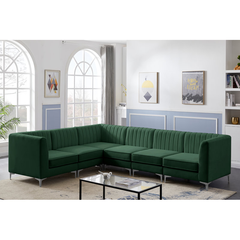 Enson Velvet L-Shaped Sectional Reversible, Green Velvet