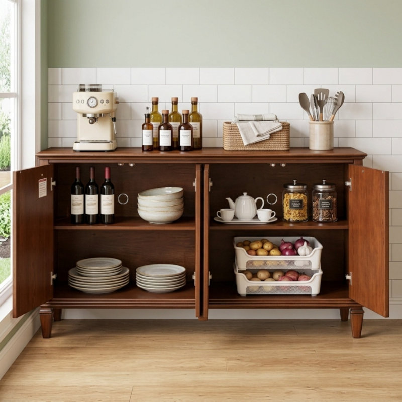 Meuble télé en bois de style moderne du milieu du siècle, 147,5 cm (58,1 po), console multimédia à 4 portes avec portes géométriques sculptées pour salon