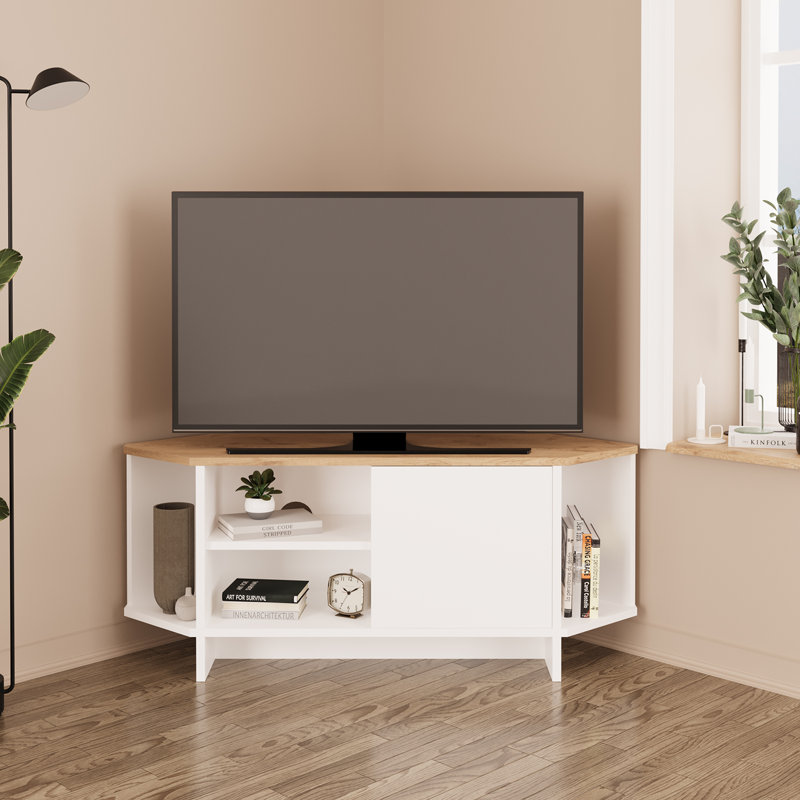 Teo Corner TV Stand – Space-Saving TV Unit for 43–48'' TVs, Compact Media Console with Open Shelves & Cabinet, Ready to Assemble, Available in 7 Colours