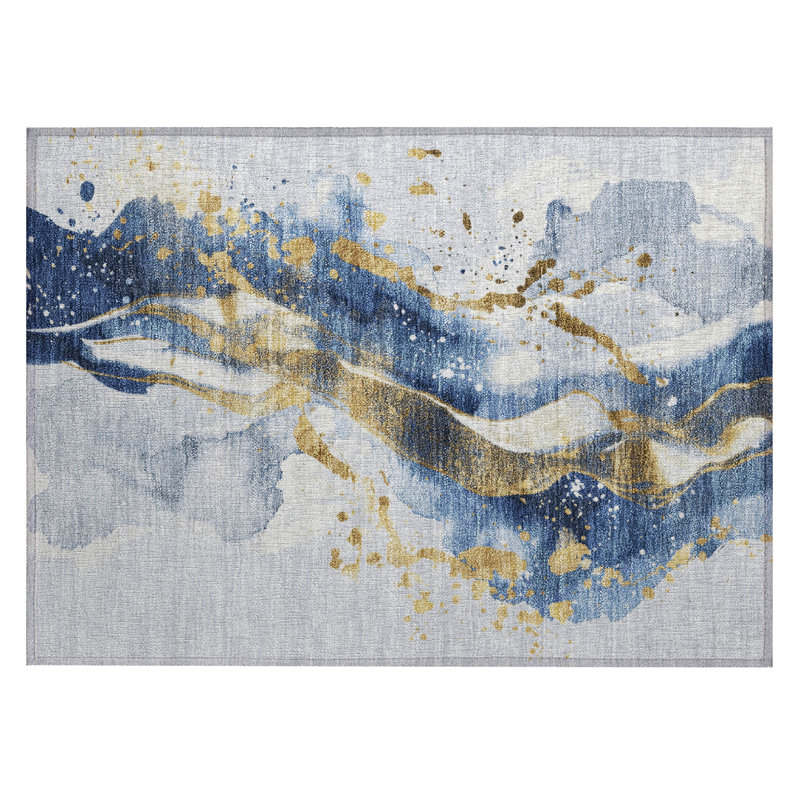 Machine Washable Indoor/Outdoor Claudian ACN1524 Blue Rug, Rectangle 1'8" x 2'6"