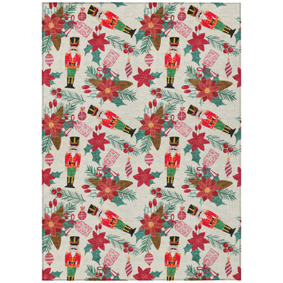 Machine Washable Indoor/Outdoor Christmas Nutcracker Xhevrie Ivory Rug