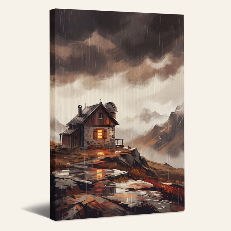 Toile murale d'Halloween « Cabane de montagne avec fenêtre lumineuse sous la pluie », 48"H x 36"W