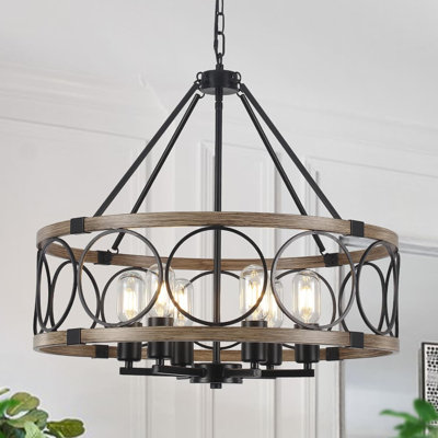 Lustre de ferme 6 lumières avec imitation grain de bois et filet métallique noir, luminaire suspendu industriel à hauteur réglable pour salle à manger, îlot de cuisine, vestibule, vestibule, chambre à coucher, couloir, base E26