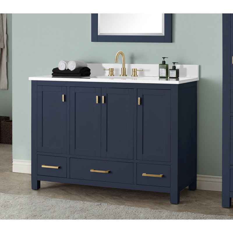 Modero 48" Single Bathroom Vanity with Top, Navy Blue, Cala White Marble, Gold