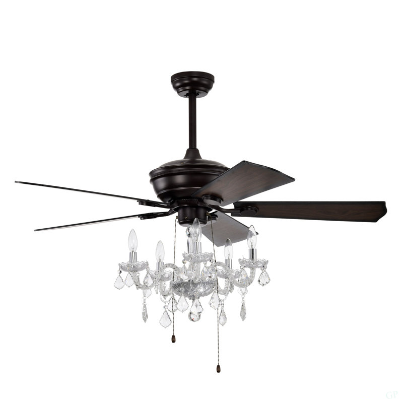Ventilateur de plafond 52 po à abat-jour en cristal, 3 vitesses, 4 vitesses, 5 pales en cristal réversible, 5 PCS * E12 (sans ampoule incluse) - Chaîne à tirer à la main