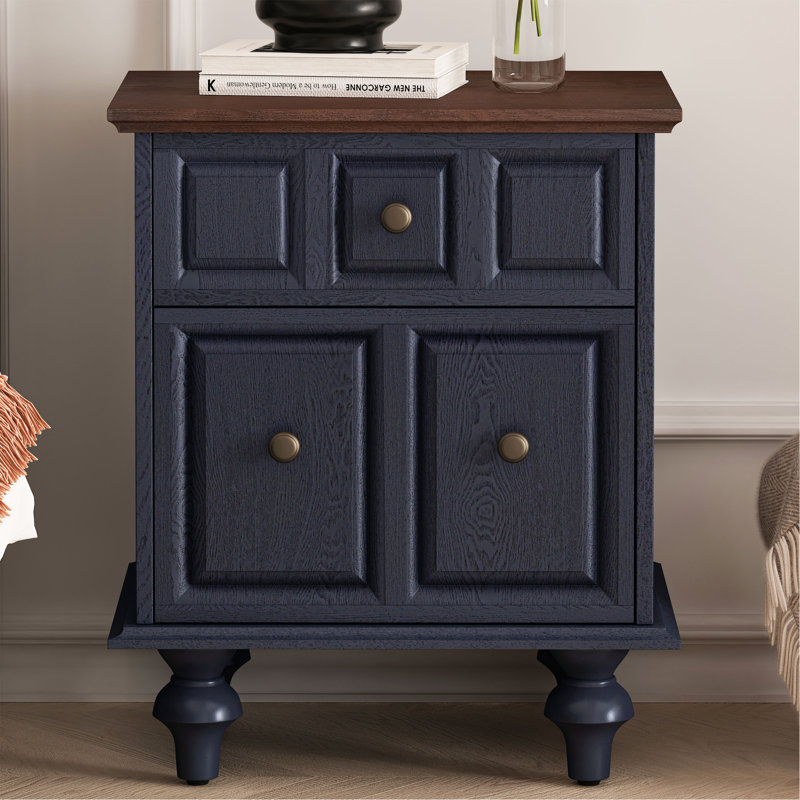 Table de chevet rétro avec 2 tiroirs, Bleu très foncé, Individuel