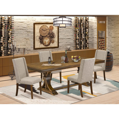 5-piece kitchen dining set includes a breakfast table and 4 Light Tan Linen Fabric kitchen chairs with Padded Chair Back - Antique Walnut Finish.