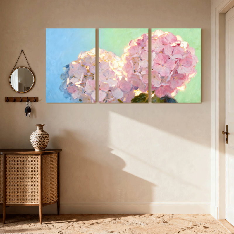 Hortensia fleurs roses sur fond bleu et vert, ensemble de 3 impressions sur toile, H 30 po x l 60 po
