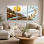 «Golden Mountains and Flying Birds in Abstract», ensemble de 3 toiles murales-1861525280