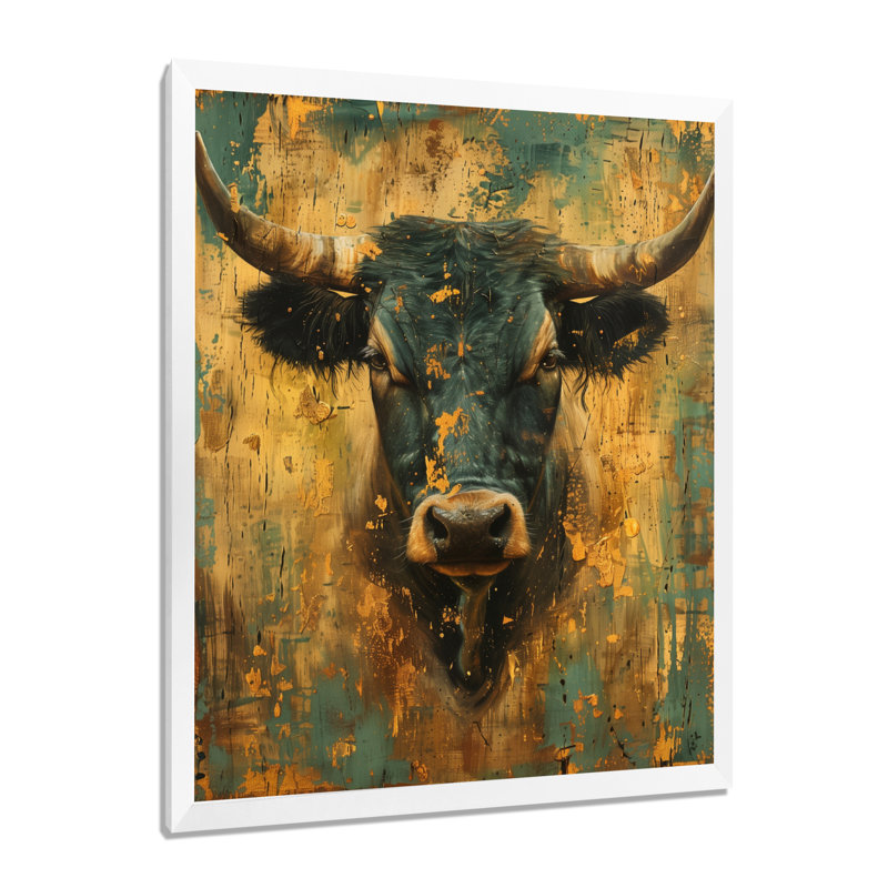 Reproduction d'art murale rétro, Taureau vert doré, Toile encadrée blanche avec une seule photo, H 44 po x l 34 po x P 1,5 po
