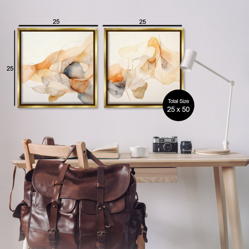 «Abstract Peach Watercolor Shapes», ensemble de 2 toiles flottantes encadrées par Irena Orlov, Cadre flottant métallique doré