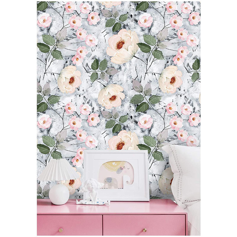 Red Barrel Studio® 93032 - Papier peint adhésif auto-adhésif à motif floral en vinyle autocollant gris / noir / rose 17,7 po x 9,8 pi