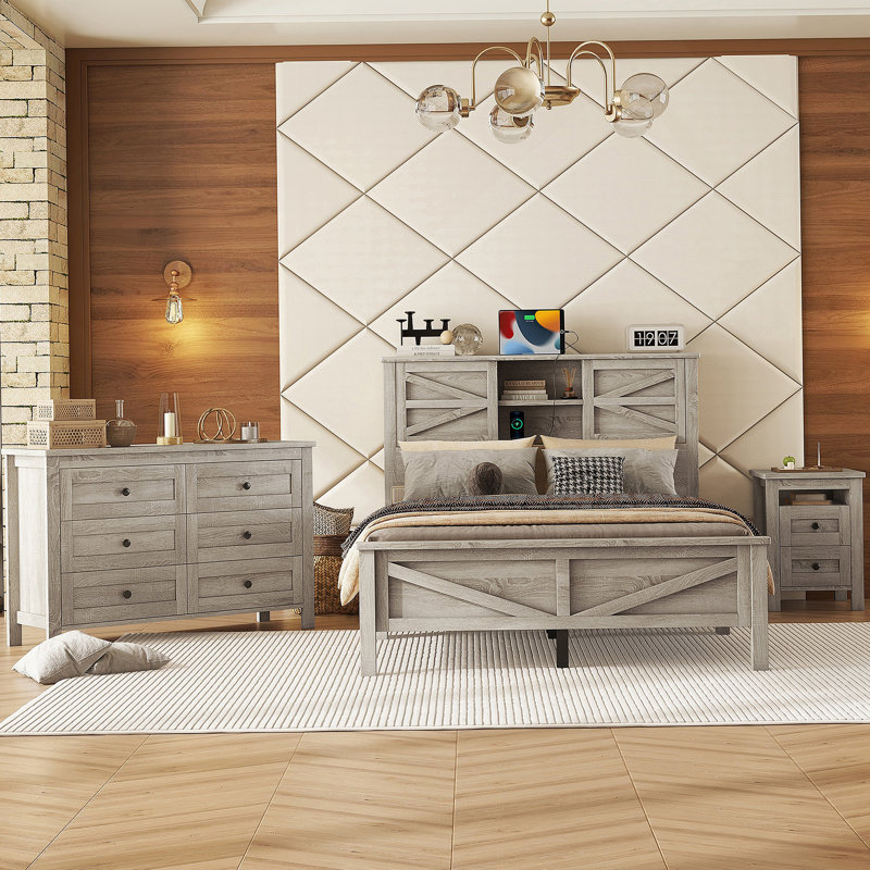 3-Pieces Bedroom Sets Full Size Farmhouse Platform Bed With Double Sliding Door Storage Headboard And Charging Station, Storage Nightstand And Dresser, Antique Gray