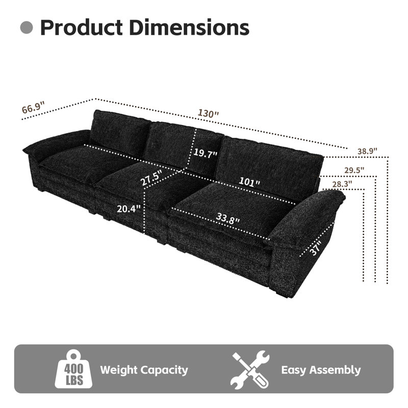 Canapé modulaire 130 po / 154,56 po, Noir, noir, noir, noir, H 38,9 po x l 130 po x P 66,9 po, 3