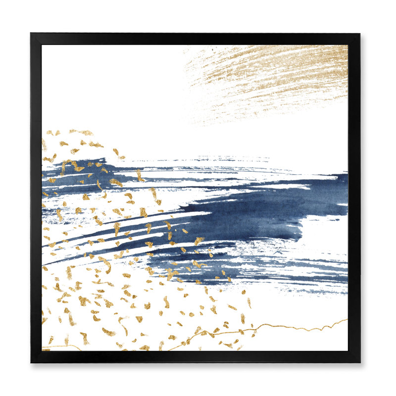 «Dark Blue and Gold Abstract I», peinture sur toile encadrée, Toile avec cadre noir, H 36 po x l 36 po x 1,5 po