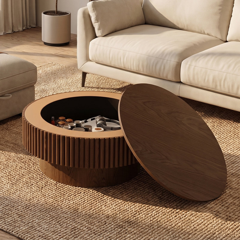 Table basse ronde avec rangement, Noyer, H 14 po x l 31,5 po x P 31,5 po