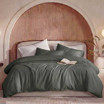 100% Washed Cotton Comforter Set King Size – Olive Green, Linen-Like Texture, Soft & Breathable Bedding Set, 3-Piece Durable Percale Comforter